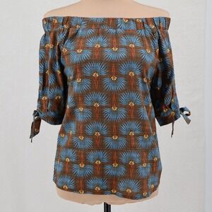 THML Off Shoulder Floral Print Blouse Womens Size S Brown Blue Boho Tropical